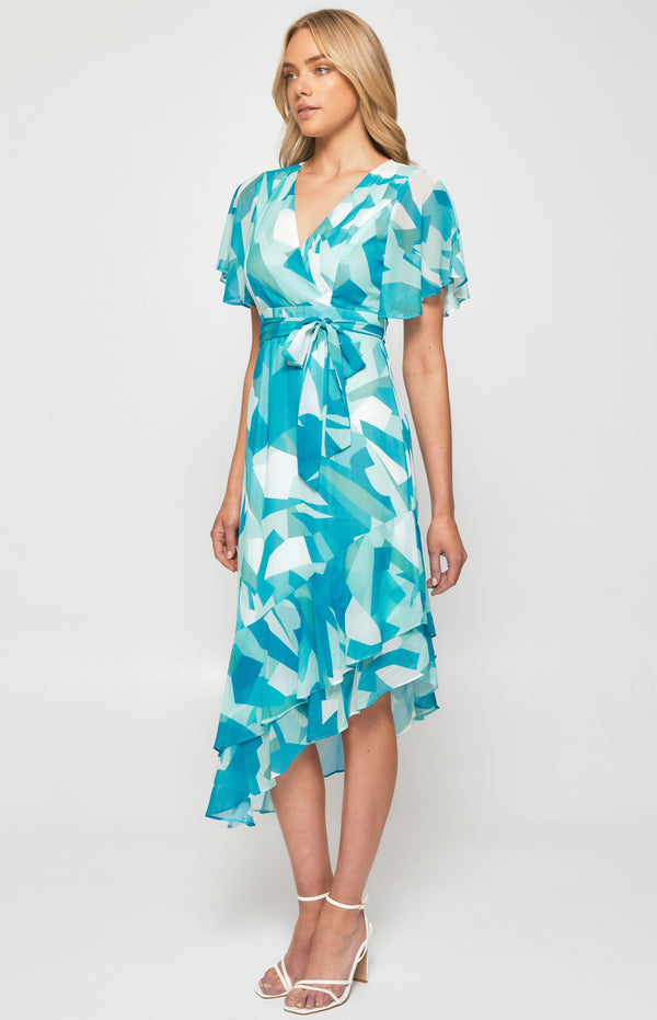 Abstract Print Chiffon Midi Dress with Asymmetric Hem