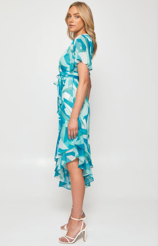 Abstract Print Chiffon Midi Dress with Asymmetric Hem