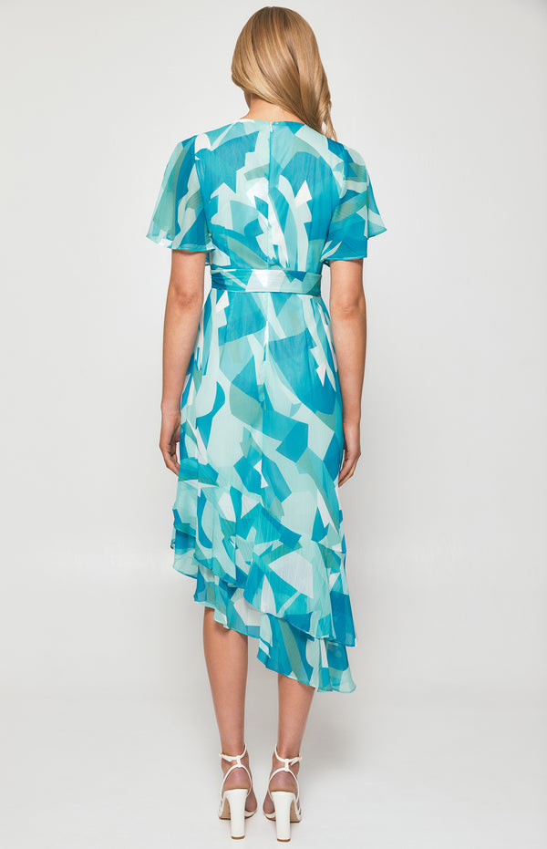 Abstract Print Chiffon Midi Dress with Asymmetric Hem