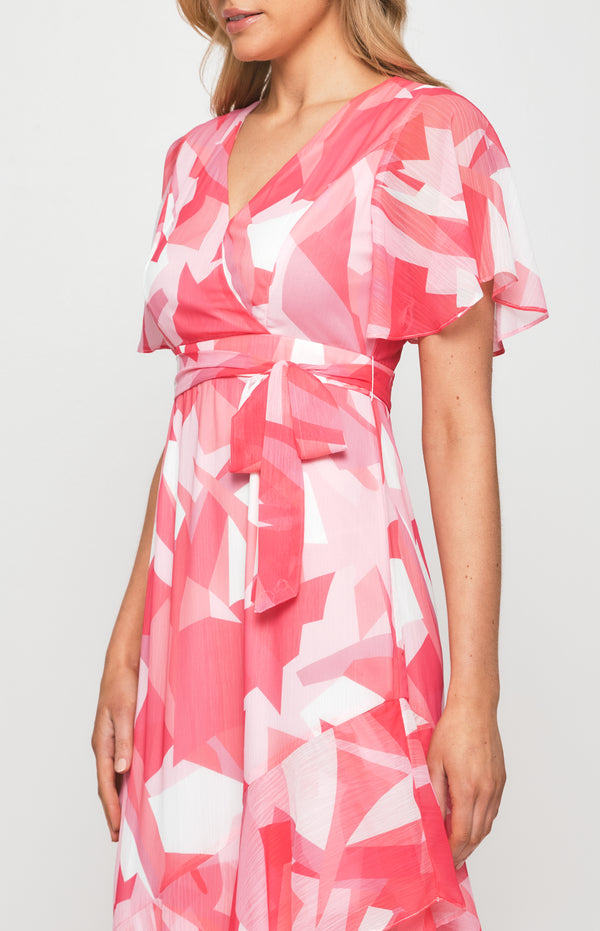 Abstract Print Chiffon Midi Dress with Asymmetric Hem