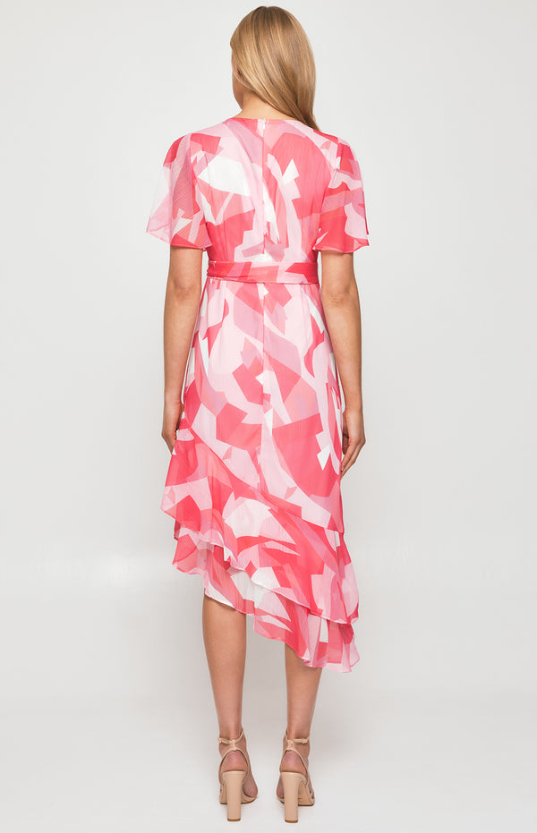 Abstract Print Chiffon Midi Dress with Asymmetric Hem
