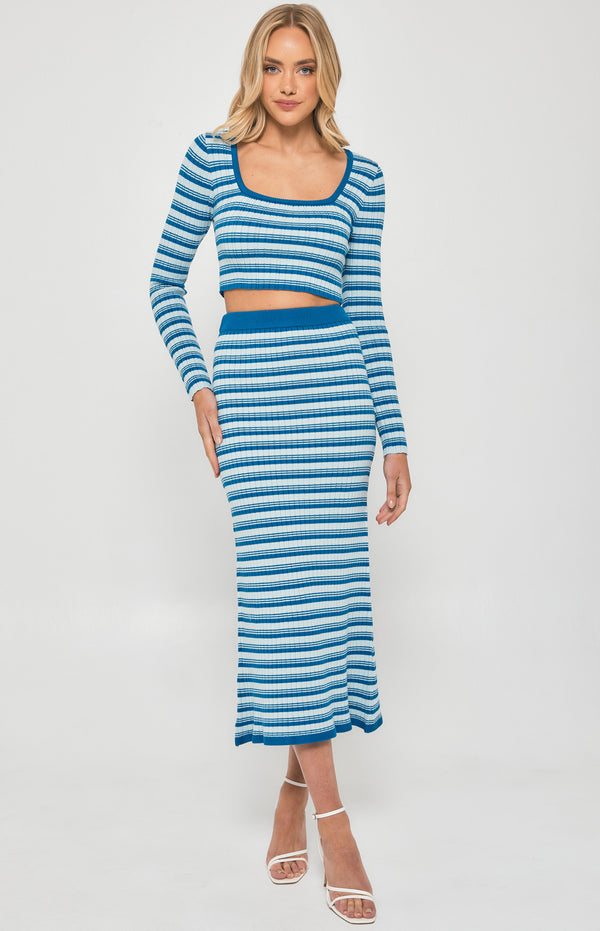 Textured Striped Knit Set with Top and Fishtail Skirt
