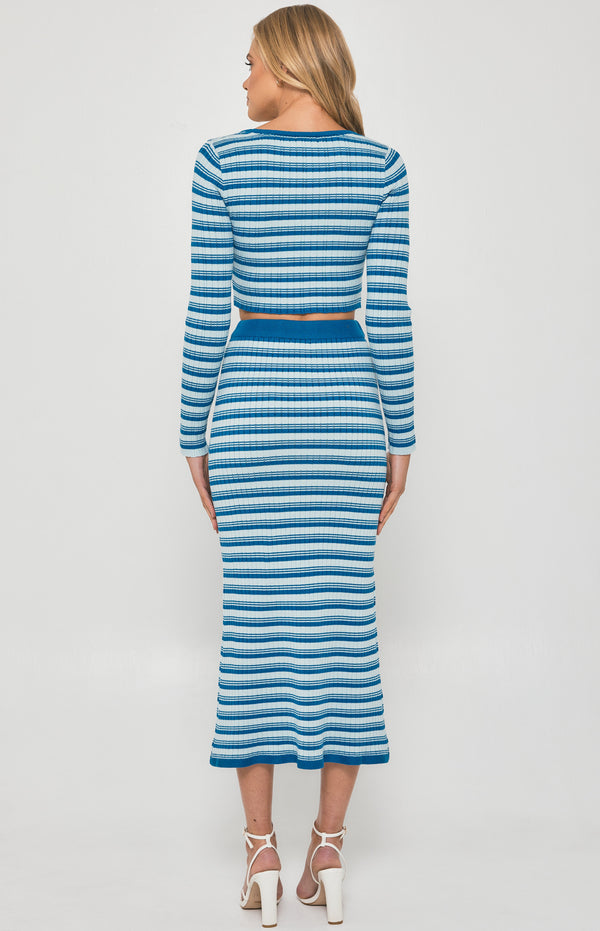 Textured Striped Knit Set with Top and Fishtail Skirt