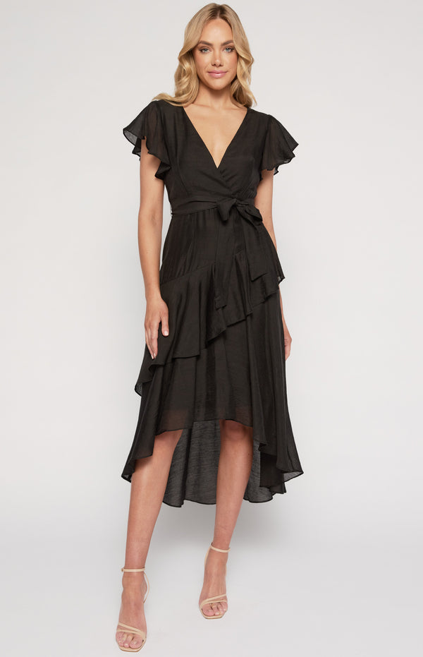 Textured Waterfall Frill Hem Midi Dress