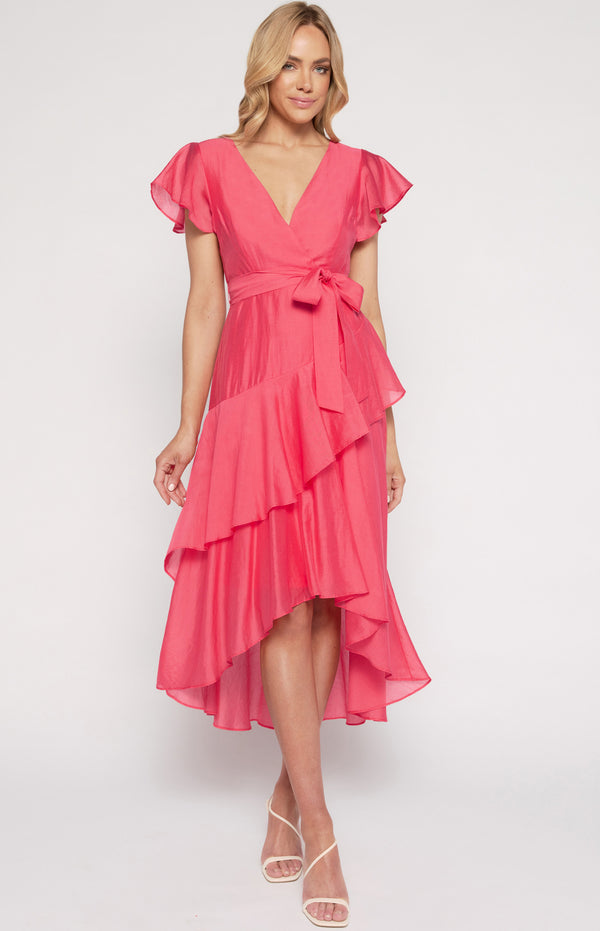 Textured Waterfall Frill Hem Midi Dress