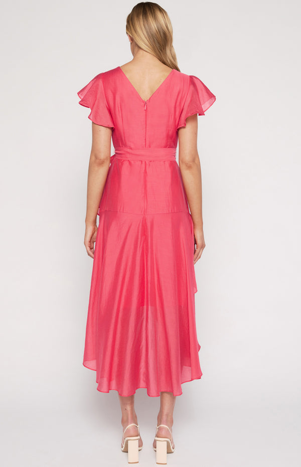 Textured Waterfall Frill Hem Midi Dress