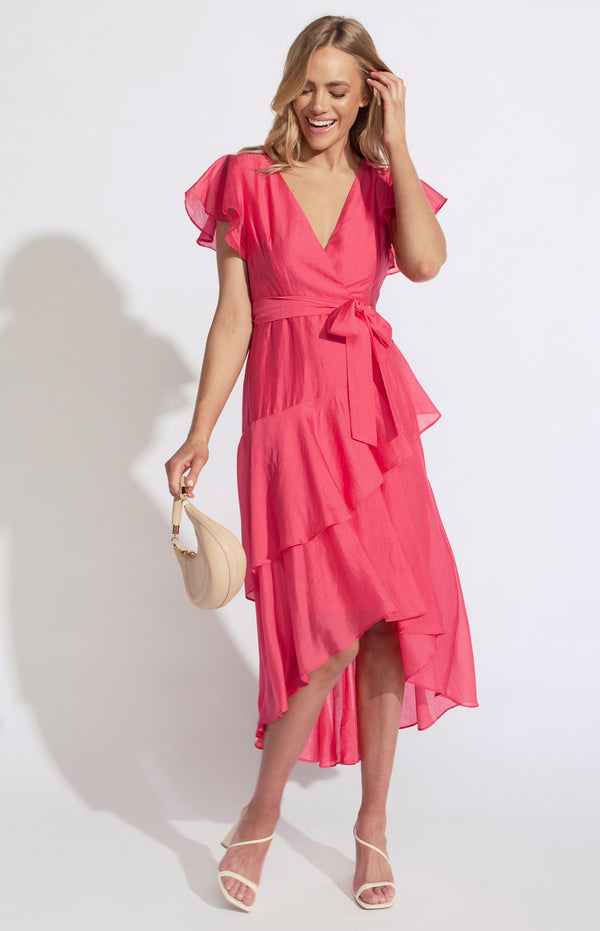 Textured Waterfall Frill Hem Midi Dress
