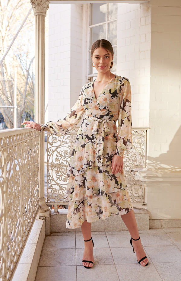 Floral Print Midi Dress with Tiered Asymmetric Hem